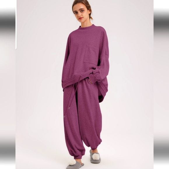 Nap Loungewear Pants - Drawstring Hem Sweatshirt & Balloon Sweatpants Set (Magenta) - NAP Loungewear